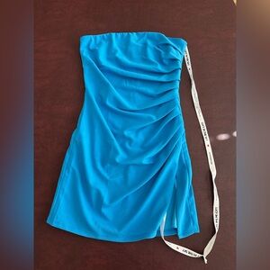 Lucy in the Sky Ruched Dress in Aqua Blue